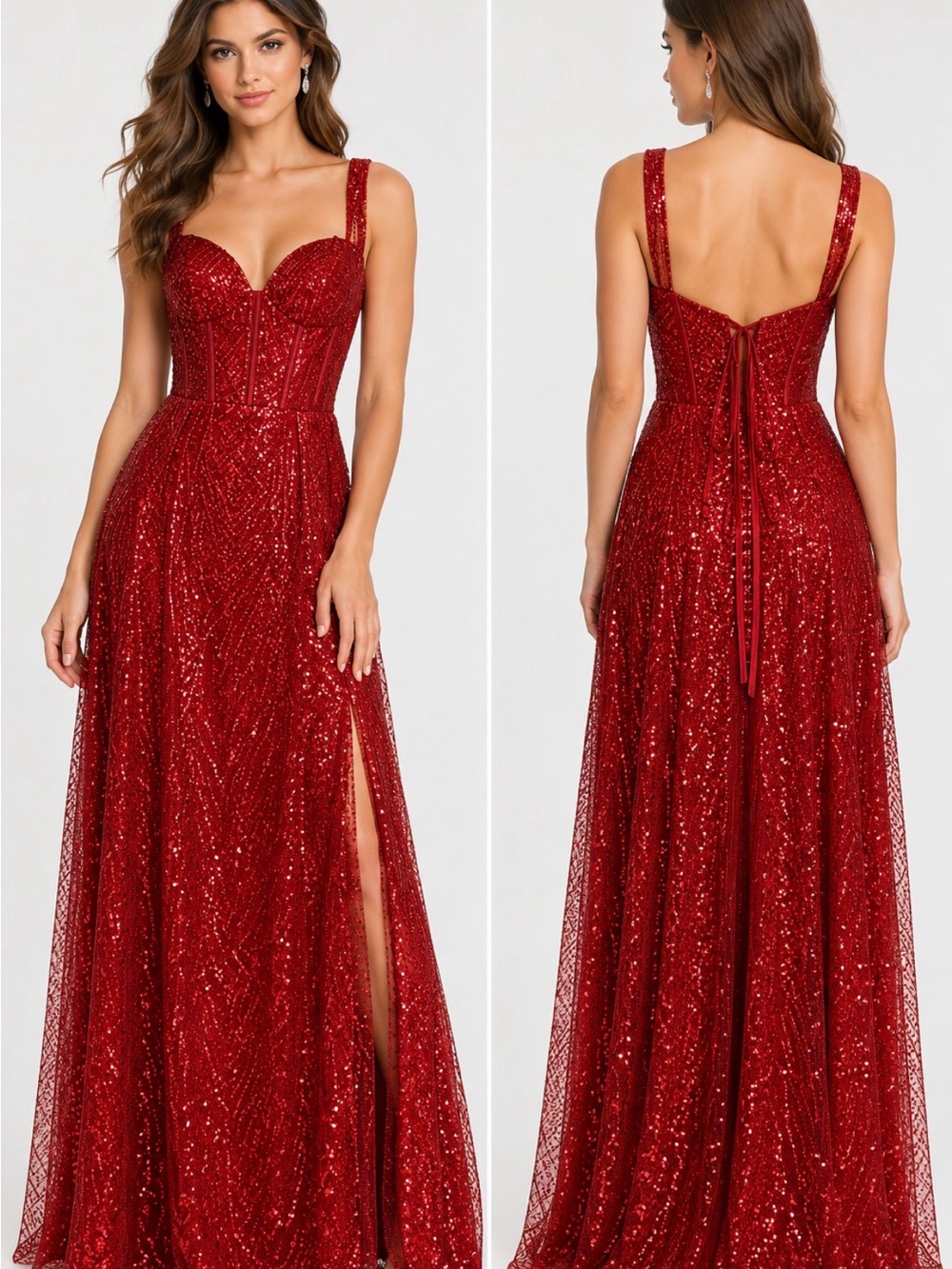 ondie Nites NWT Red Glitter Sequin Corset Prom Maxi Dress Size 3